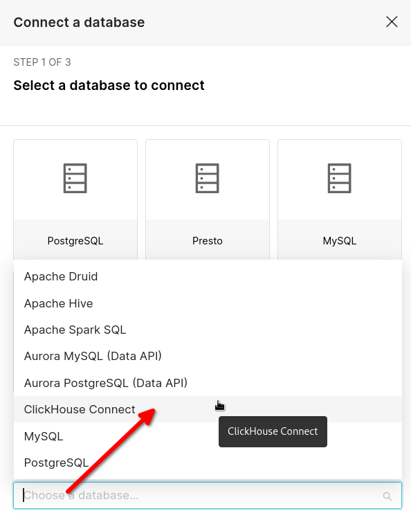Choose clickhouse connect as database type - Zoomed